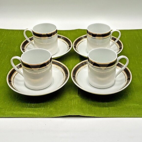 Crown Porcelain Black Gold Demitasse Cup Saucer Set (4) - Picture 1 of 9